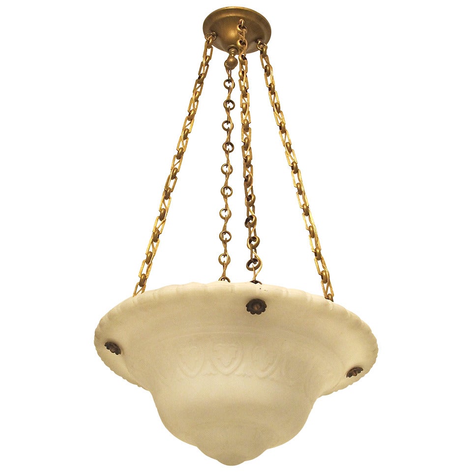 Large Cast Glass Pendant Light Fixture, Early 20th Century