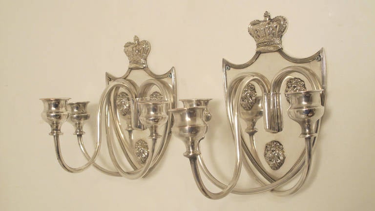 British Pair of English Sheffield Silver Plate Three-Light Candle Wall Sconces