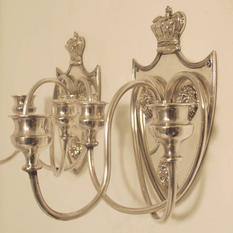 Silvered Pair of English Sheffield Silver Plate Three-Light Candle Wall Sconces