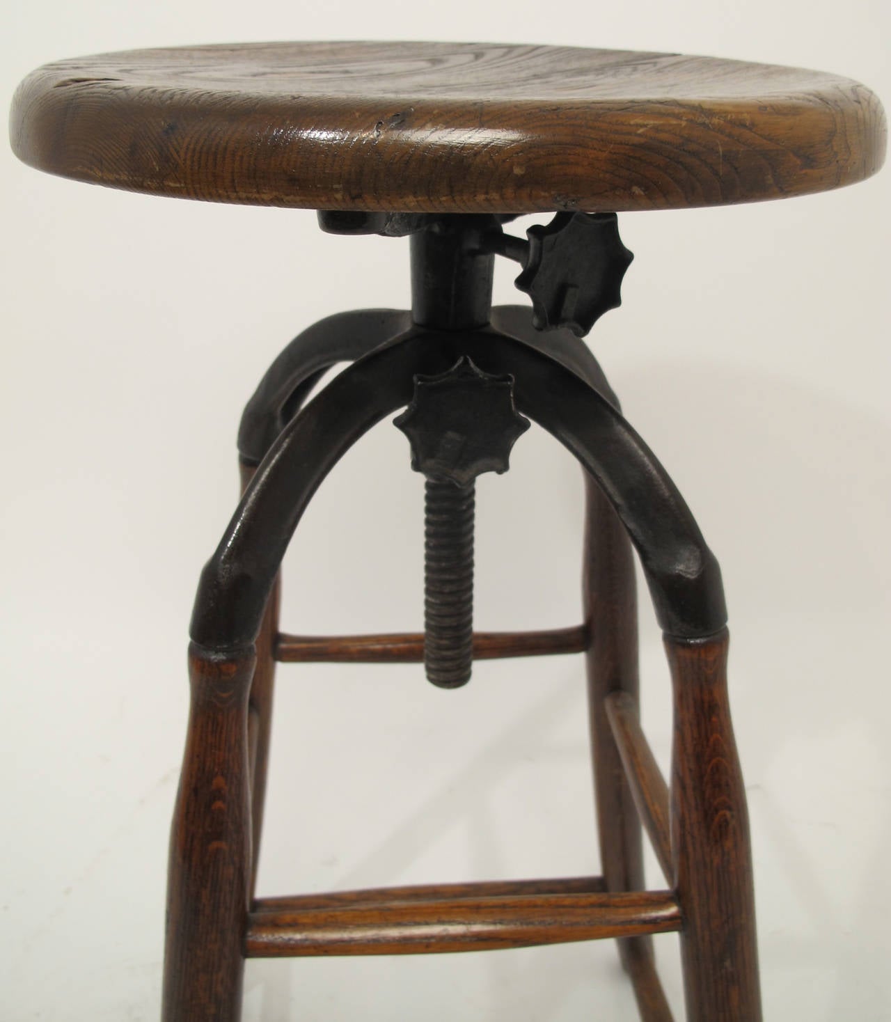 American Oak and Iron Industrial Stool with Solid Oak Seat