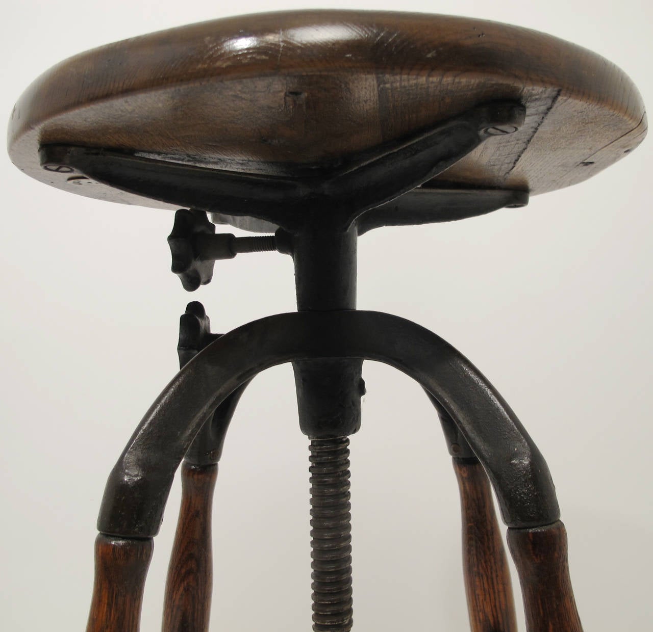 Oak and Iron Industrial Stool with Solid Oak Seat In Excellent Condition In San Francisco, CA