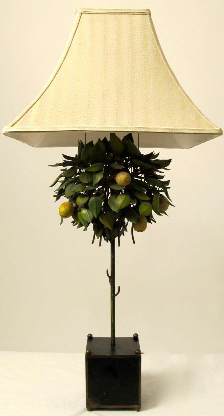 Tole and Iron Lemon Tree Table Lamp. Wonderfully whimsical and realistic Lemon Tree Lamp in a black tole cache' pot.  Italian, 20th. Century