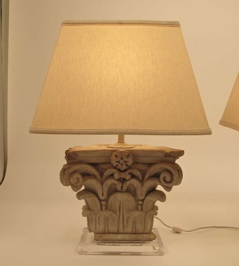 American Pair of Architectural Terra-Cotta Corinthian Capital Elements as Lamps