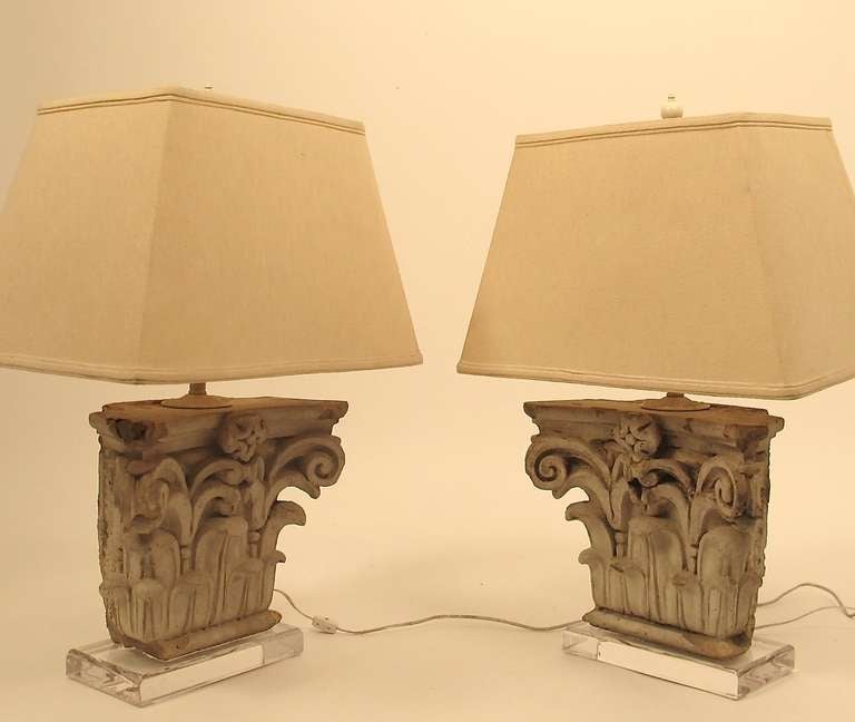 Terracotta Pair of Architectural Terra-Cotta Corinthian Capital Elements as Lamps