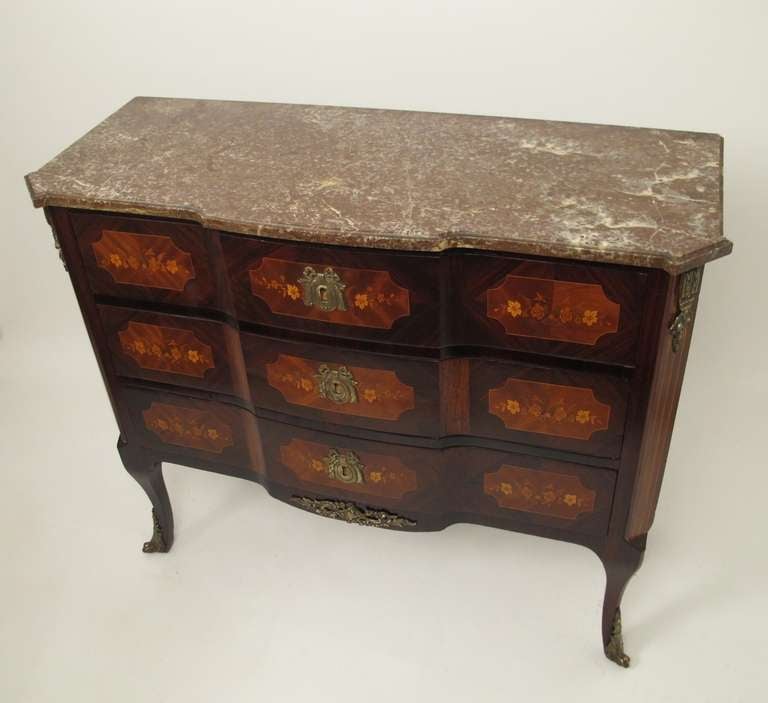 Louis XV Marquetry Inlaid Three-Drawer Commode with Marble Top French