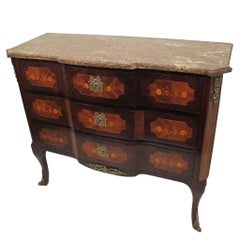 Marquetry Inlaid Three-Drawer Commode with Marble Top French