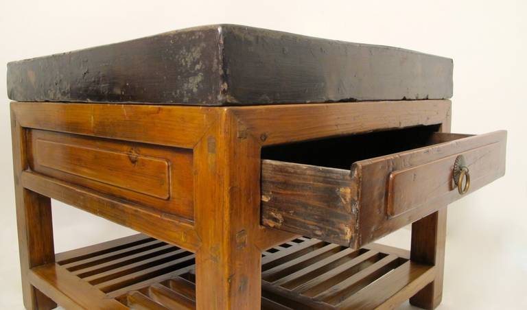 19th Century Slate Top Table with Single Drawer and Lower Shelf.