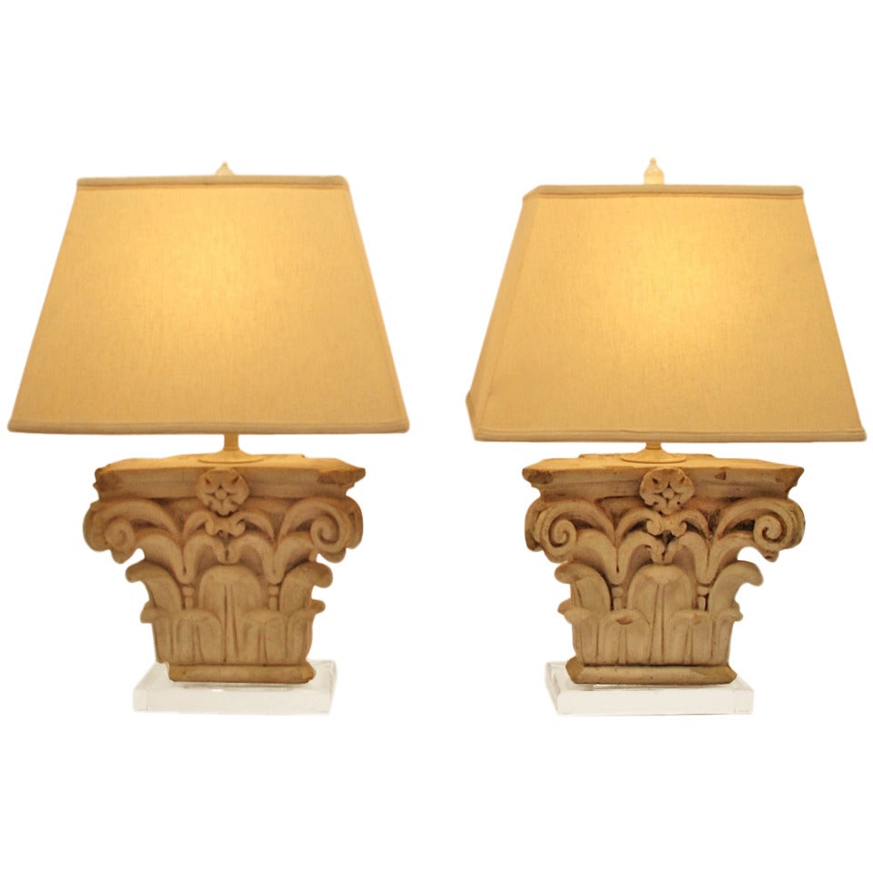 Pair of Architectural Terra-Cotta Corinthian Capital Elements as Lamps