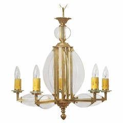 Art Deco Brass and Glass Five Light Chandelier