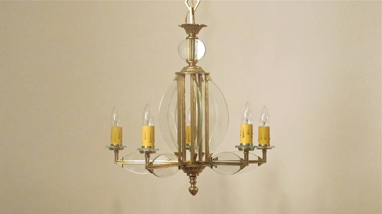 Five Light Art Deco Brass and Glass Chandelier.  Recently completely reconditioned including new wiring.  French, Circa 1930.
