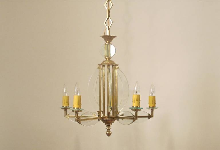 Art Deco Brass and Glass Five Light Chandelier In Excellent Condition In San Francisco, CA