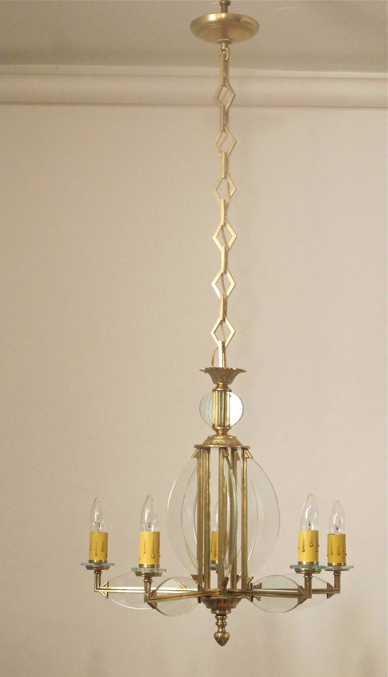 Art Deco Brass and Glass Five Light Chandelier 1