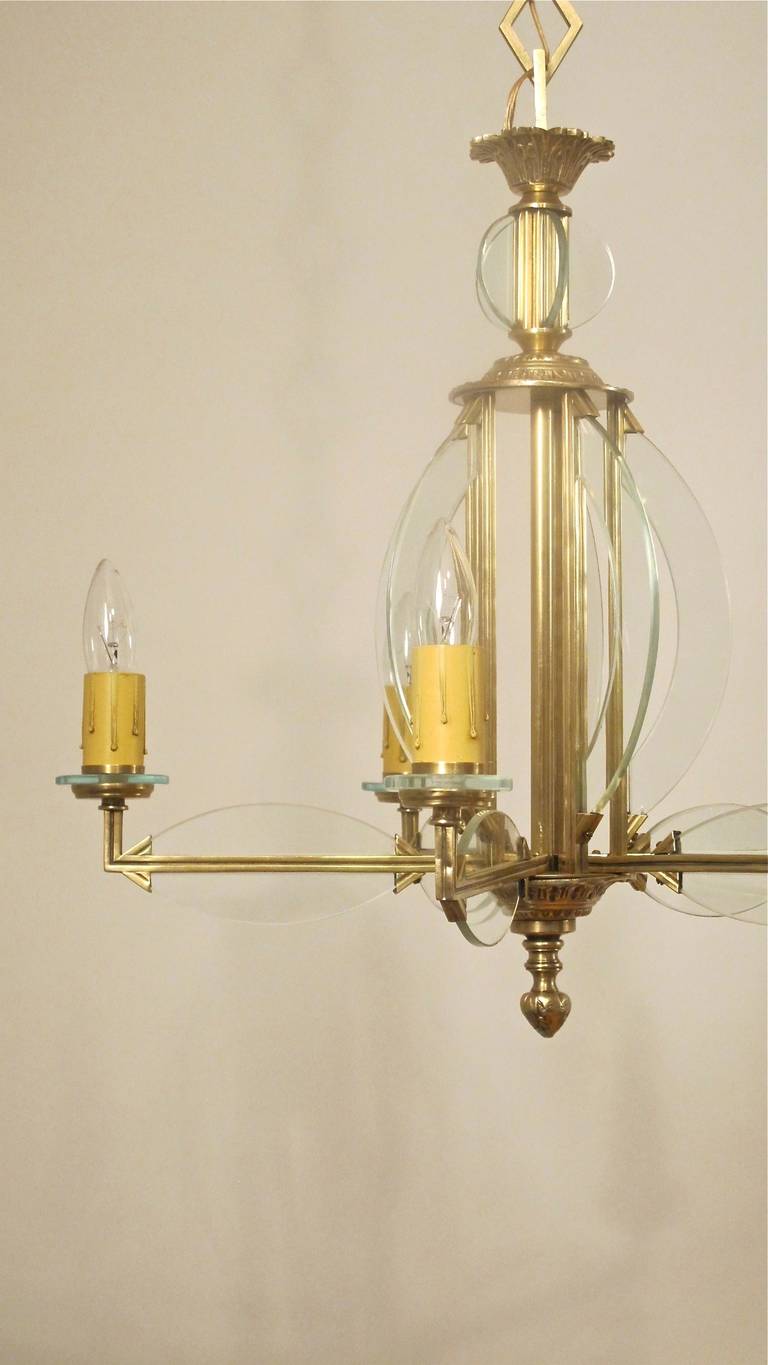 Art Deco Brass and Glass Five Light Chandelier 2