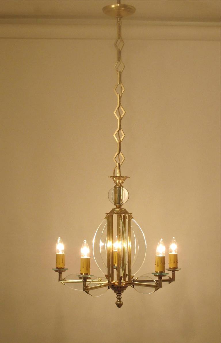 Art Deco Brass and Glass Five Light Chandelier 4