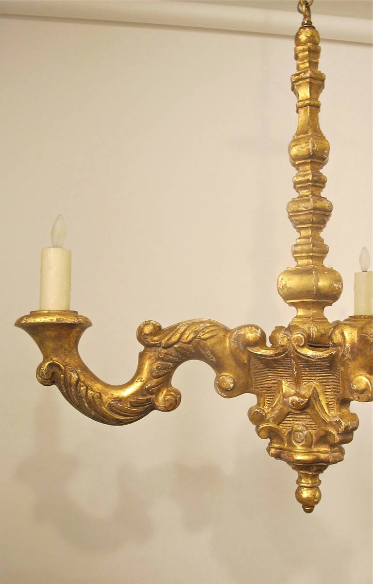 Carved 19th Century French, Giltwood 3 light Chandelier For Sale