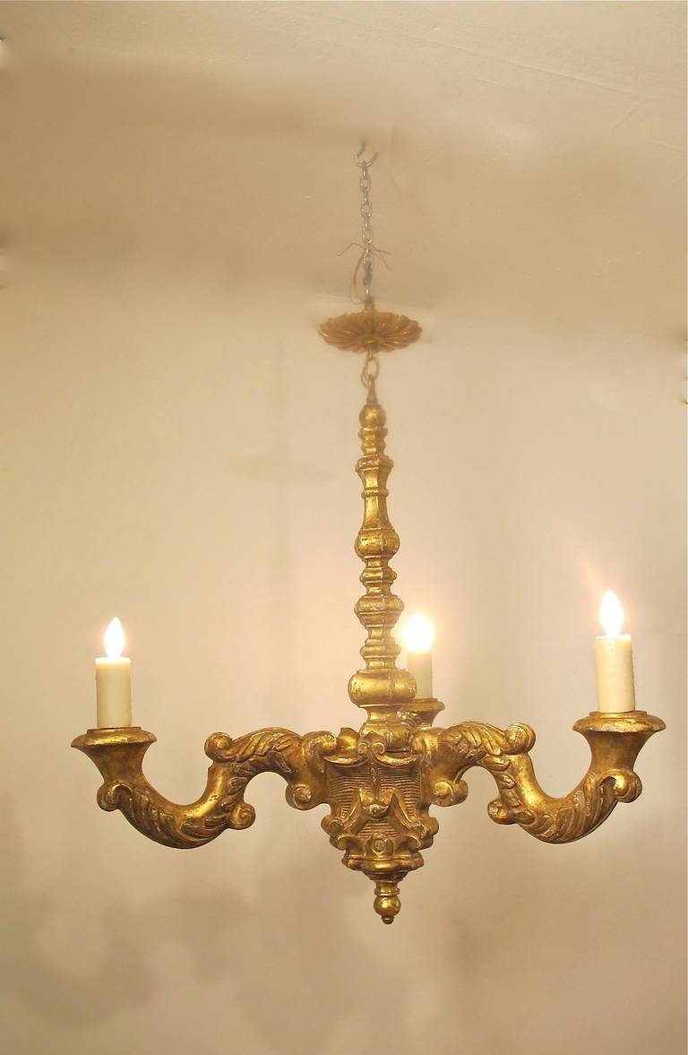 19th Century French, Giltwood 3 light Chandelier In Excellent Condition For Sale In San Francisco, CA