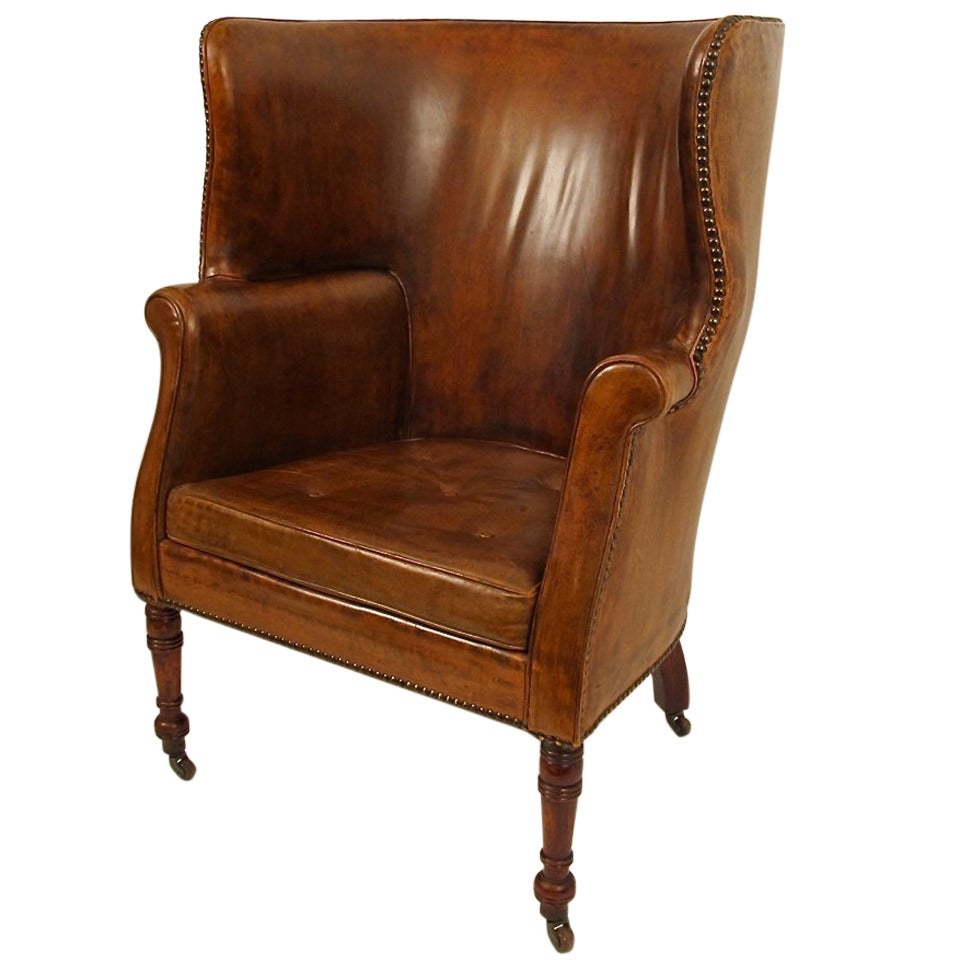 19thC Leather Barrel Back Wing Chair