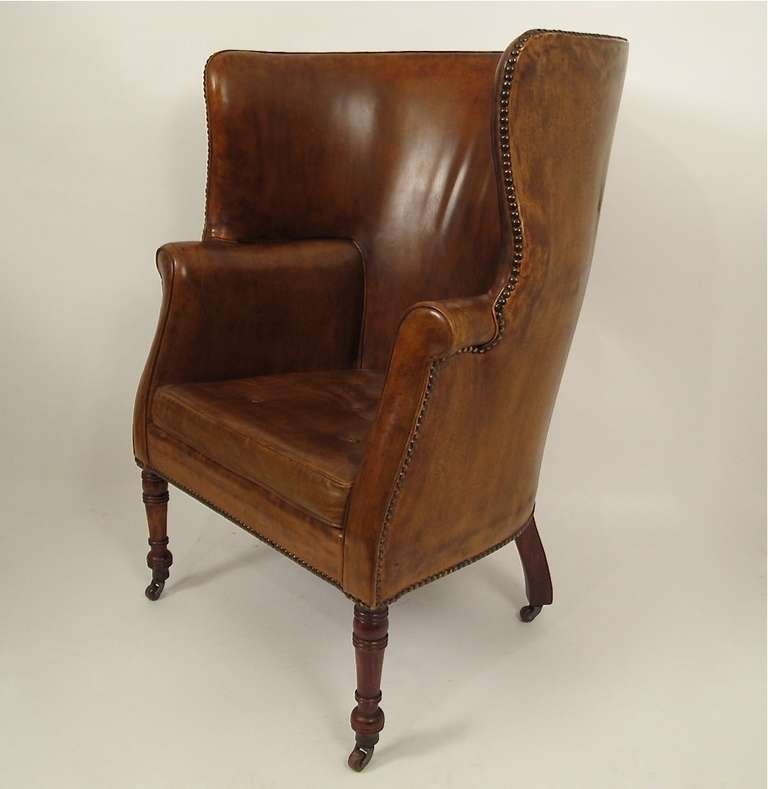 British 19thC Leather Barrel Back Wing Chair