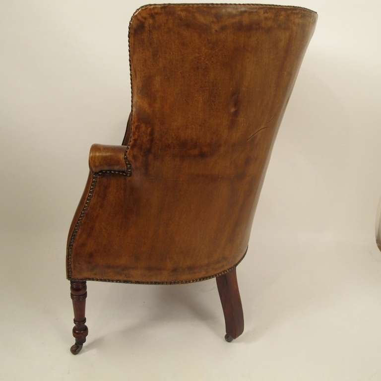 19thC Leather Barrel Back Wing Chair In Excellent Condition In San Francisco, CA