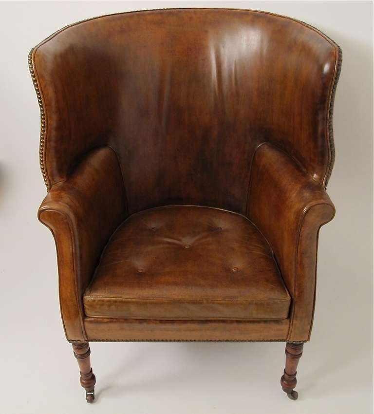 19th Century 19thC Leather Barrel Back Wing Chair