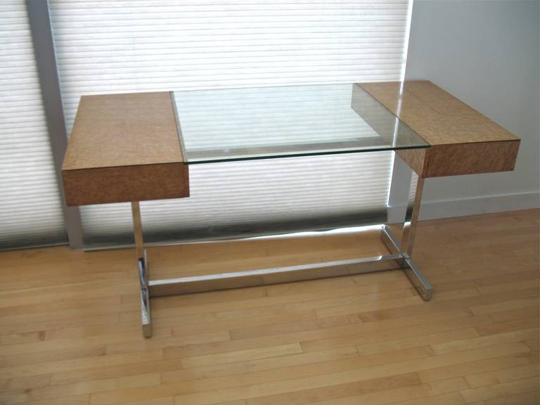 Rare bird's-eye maple, chrome and glass two-drawer desk, signed.