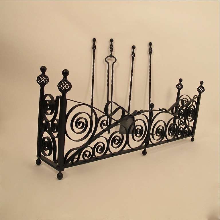 Arts and Crafts Wrought Iron Fireplace Fender with Tools