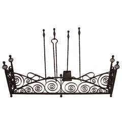 Wrought Iron Fireplace Fender with Tools 2