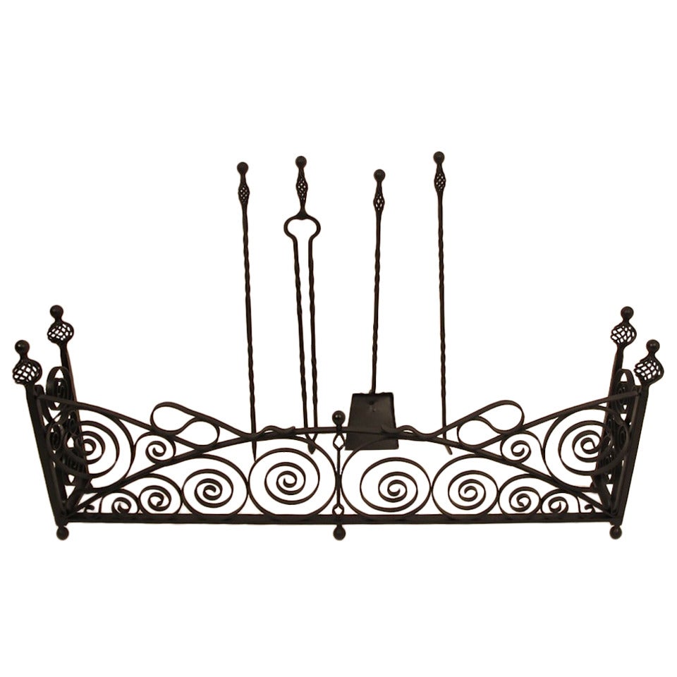 Wrought Iron Fireplace Fender with Tools