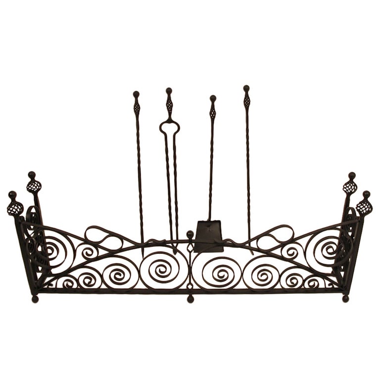 Wrought Iron Fireplace Fender with Tools For Sale at 1stDibs