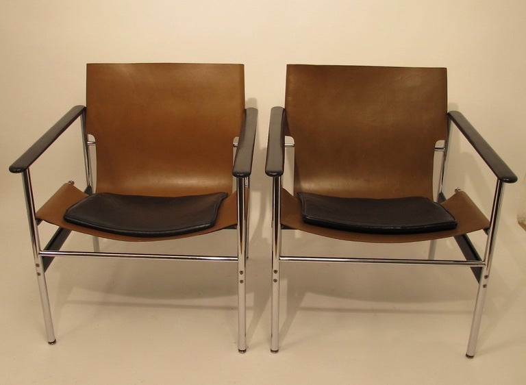 Mid century club chairs or armchairs designed by Charles Pollack. Chrome steel frame with leather sling shaped seat, back, and leather seat cushion.