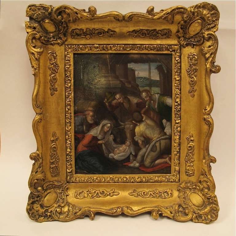 Exquisite 18th century Renaissance period religious oil painting of a nativity or manger scene.  Expertly painted on copper in a 19th century gilt wood frame. Possibly Dutch. Measurements of the painting without the frame are 6 1/2