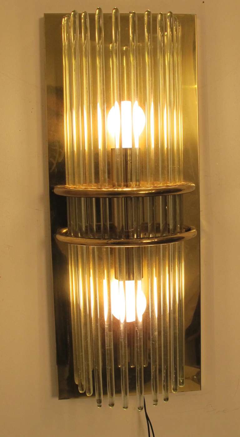 20th Century Pair of Midcentury Brass and Glass Wall Sconces, American, 1960s