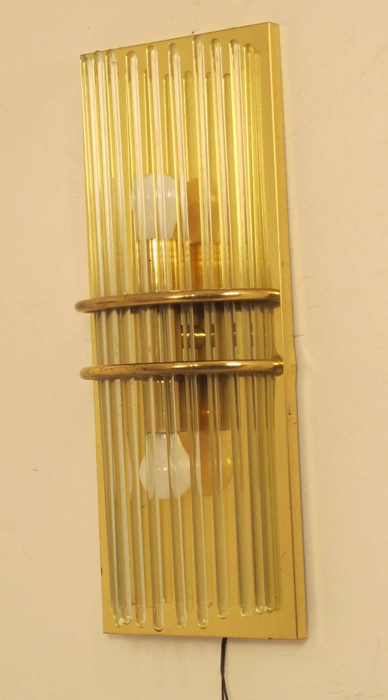 Mid-Century Modern Pair of Midcentury Brass and Glass Wall Sconces, American, 1960s