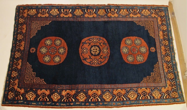 Floating medallion on a beautiful indigo field, all natural dyes. Nice unusual size. Rug is in extremely good antique condition, needs minor binding on the edges (we can have this done).
