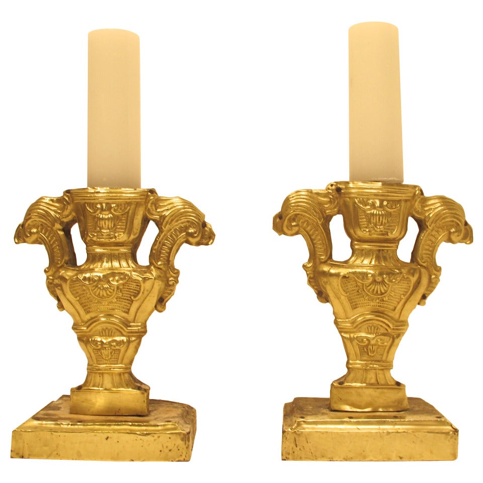 Pair of 18th Century Italian Wood and Brass Pricket Candleholders
