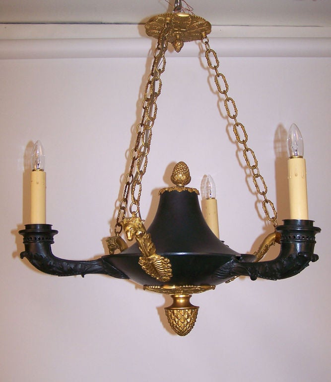 19th Century Three-Light Empire Style Bronze and Gilt Bronze Chandelier, French