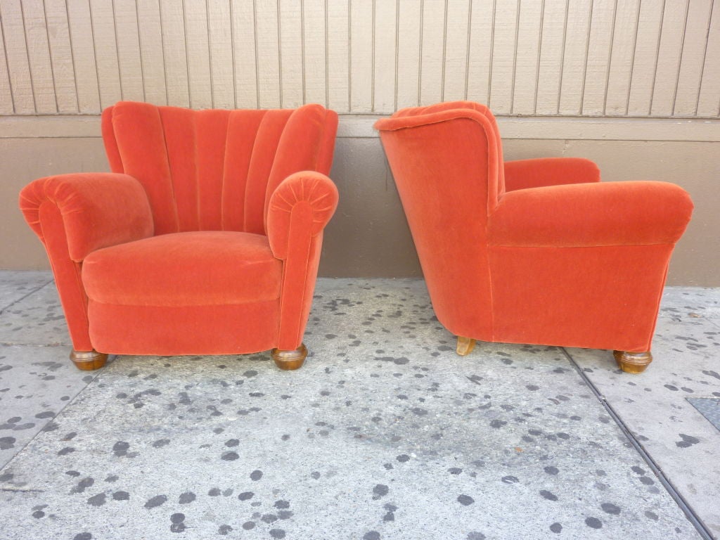 Over size Italian pair of chairs reupholstered in mohair.Comfortable and fantastic look.