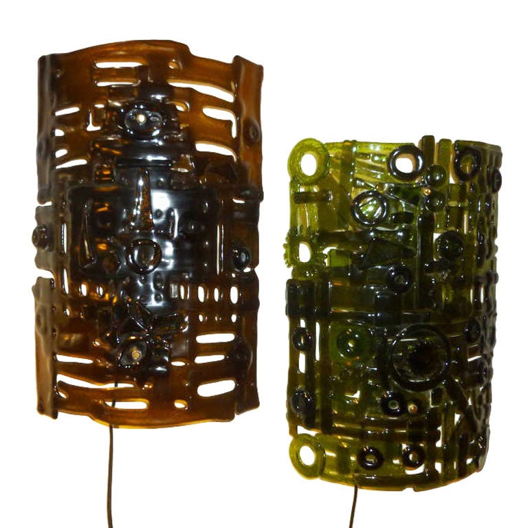 Unique glass creation by young architect Koska from Vienna workshop 2000.Price is for the pair