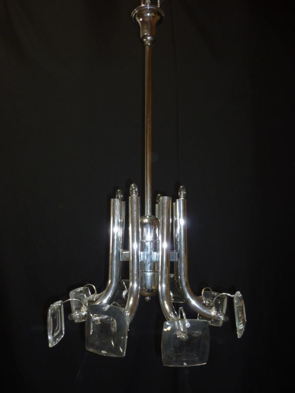 Italian chandelier, lower eight crystal shades in front with nickel fittings and eight upper lights.

Pls note: Item is located at Beverly Store
7274 Beverly Blvd 
Los Angeles, CA 90036
