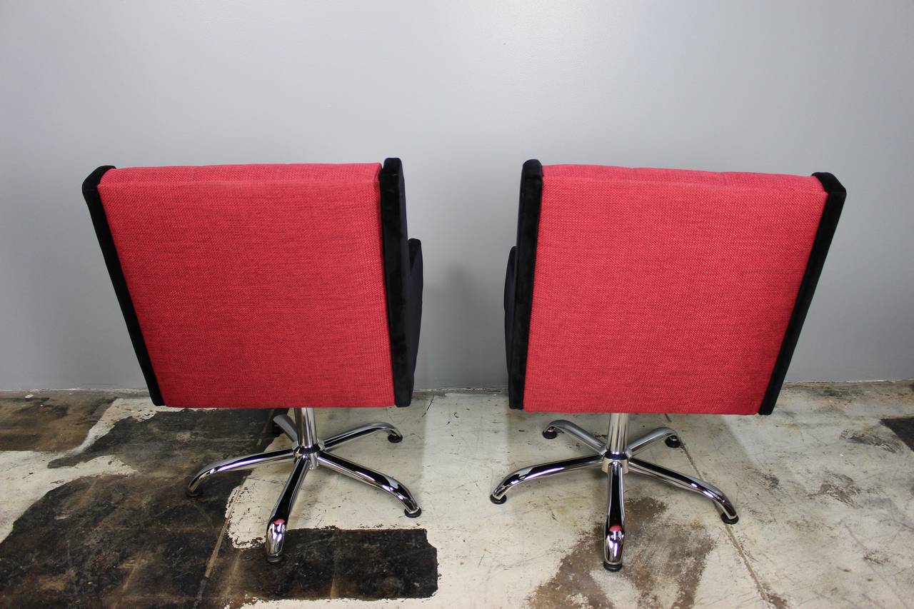 Two-tone Italian chairs, brand new upholstered, vintage red, and black mohair on the side. Chrome base in excellent condition.
