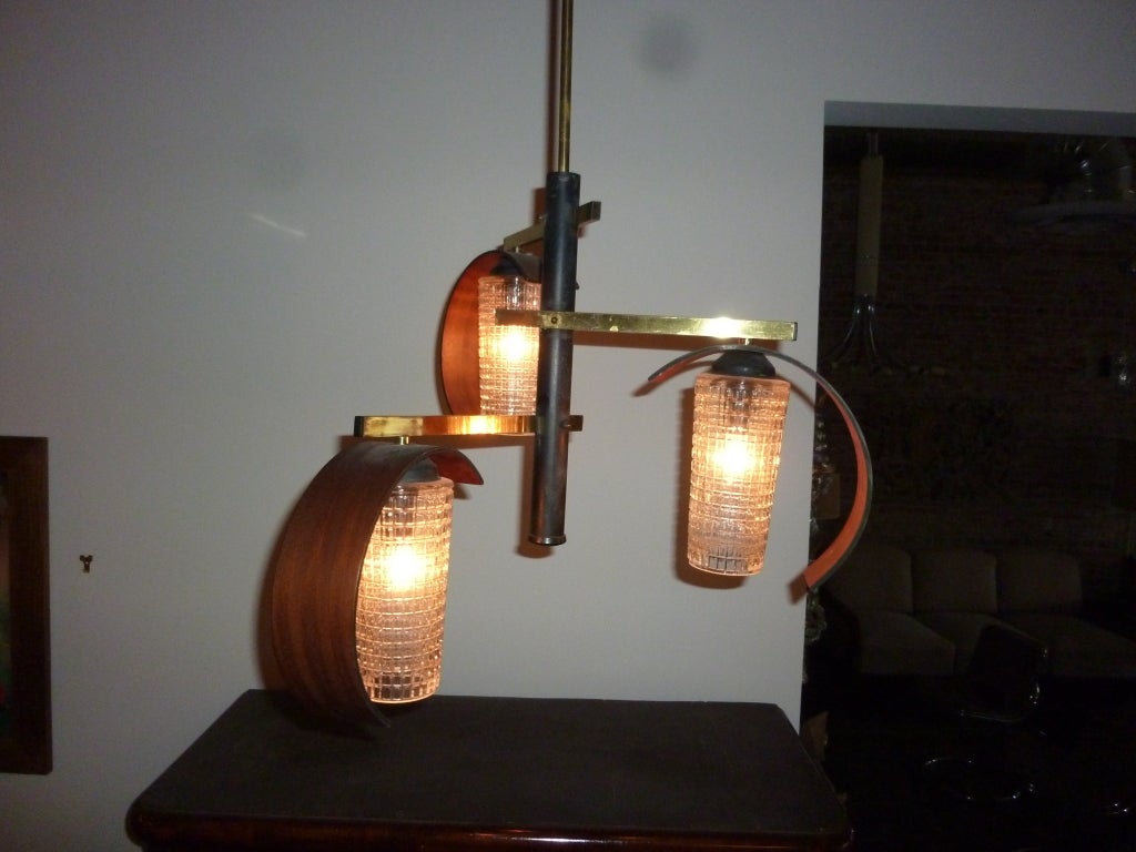 Mid Century chandelier , brass base ,palisander wood and glass shades.Original condition.
