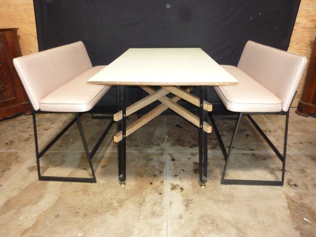 Venetian artist Gimo design and made the table. Table base is metal with the brass adjustable legs. Benches are new reupholstered. Tabletop is Formica. Benches dimensions:
Measures: Height 1)36, height 2)25, length 49.5, depth 19.