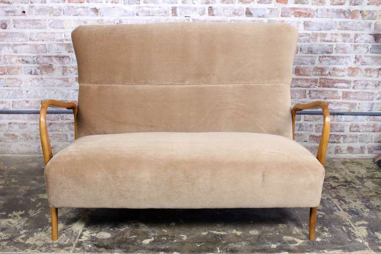 Italian settee new upholstery in a caffe latte mohair.