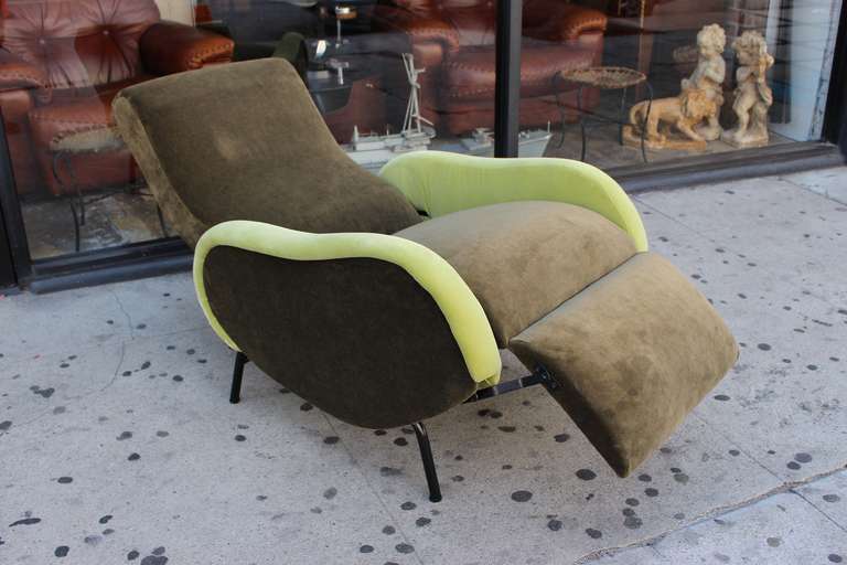 1950s new reupholstered chair in mohair and cotton velvet adjustable siting position. Chair in extended position is 59 inches max.