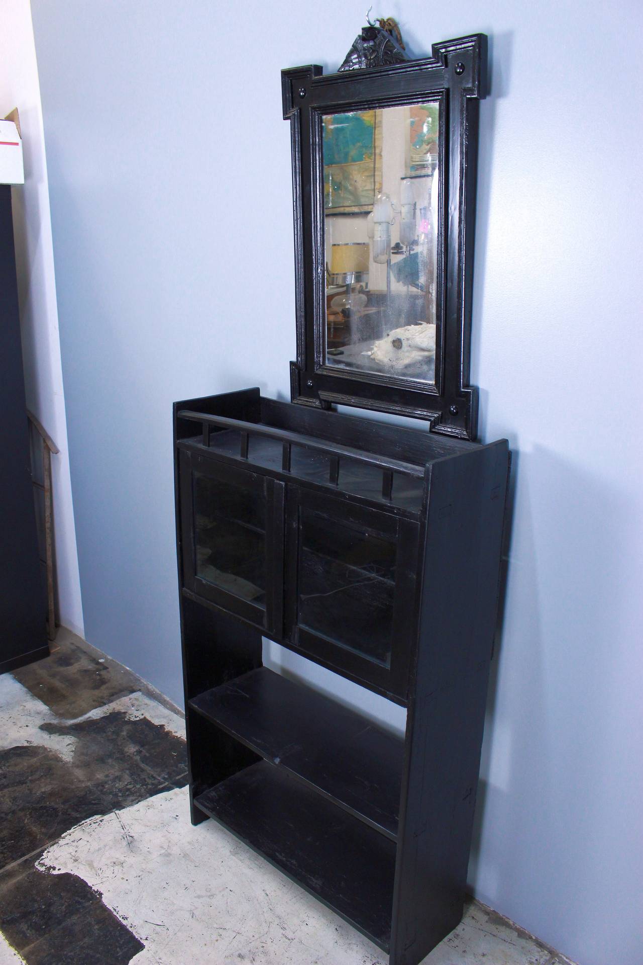 Black painted set glass case and Mirror circa 1900s   
mirror is sold so only  Glass Curio Display .
USA continental in home delivery 2-4 weeks  $300
 
