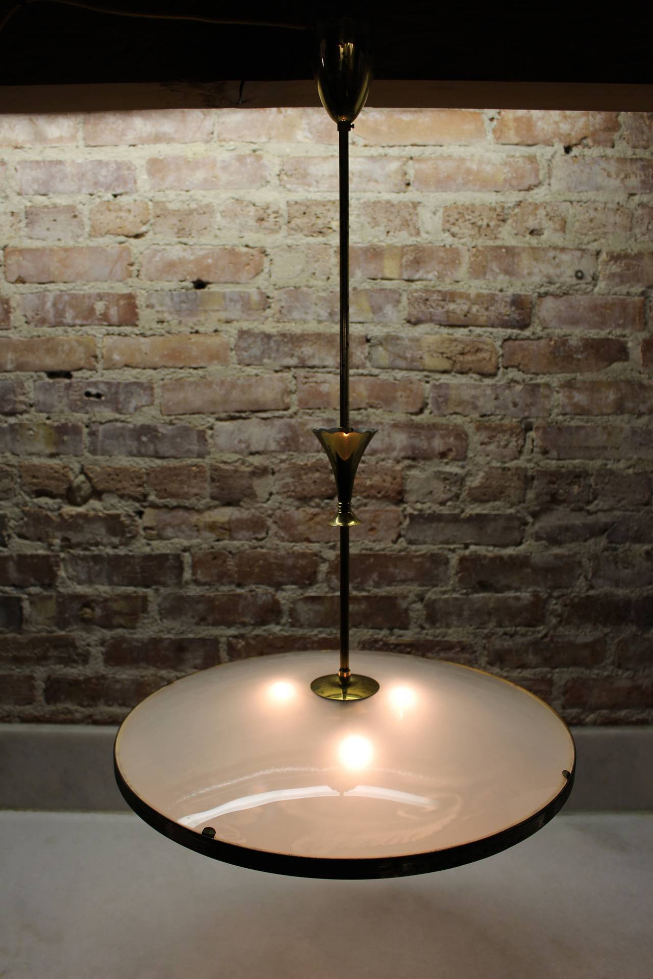 Brass base, etched glass, Italian pendant in style of Pietro Chiesa for Fontana Arte.



 