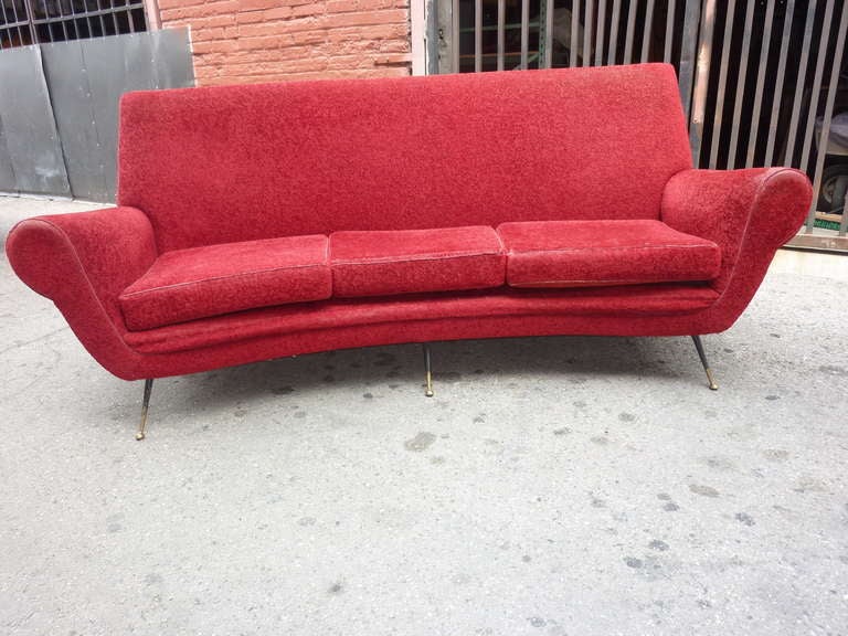 1950s Italian couch ,original upholstery , brass legs .Two chairs available from the set .