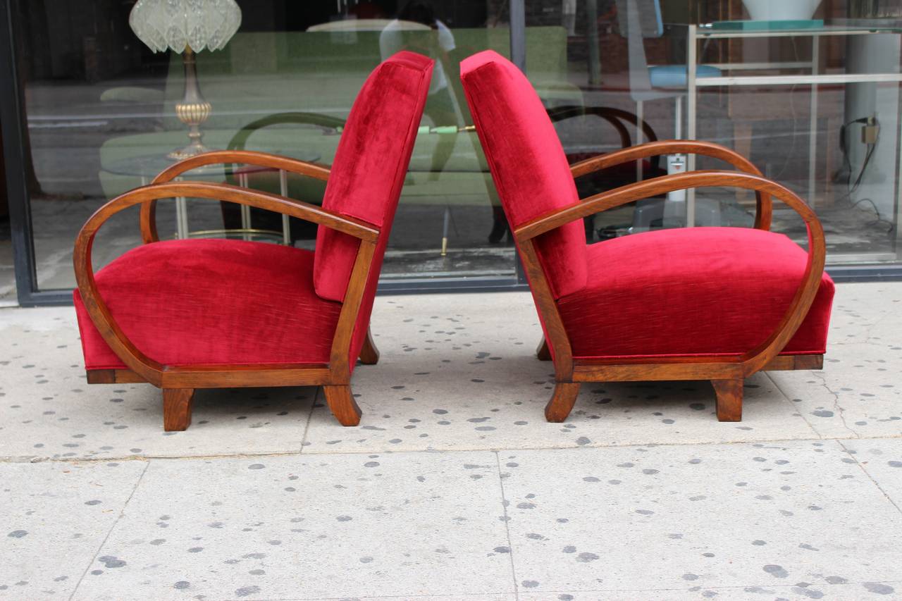 Art Deco pair of chairs reupholstered in silk Italian velveteen.