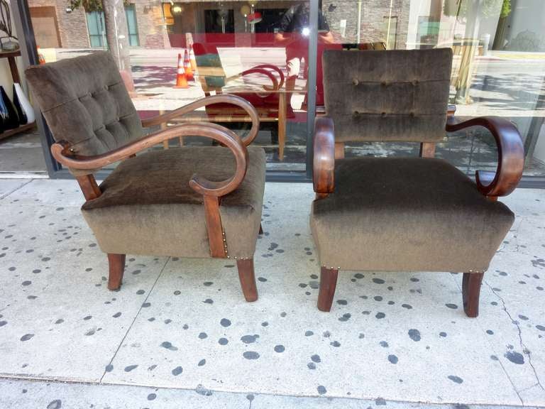Art Deco pair of chairs, just upholstered in chocolate mohair upholstery material.