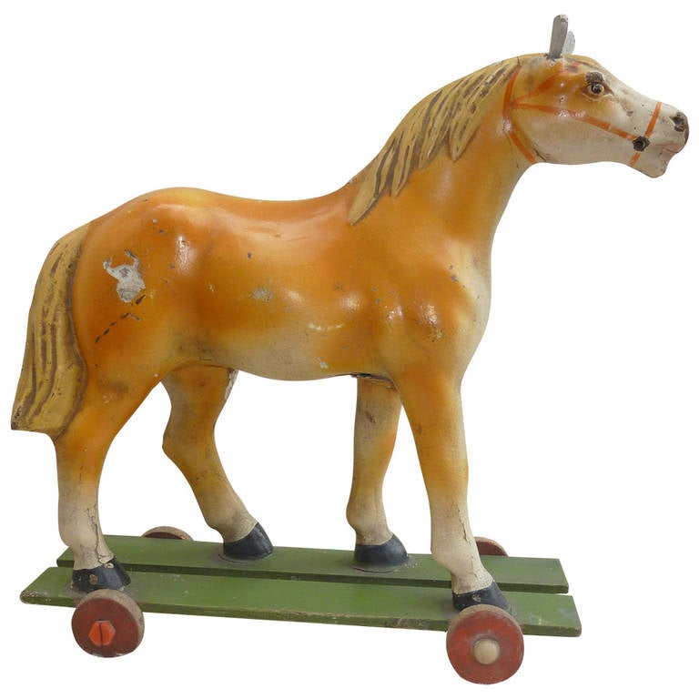 French Antique Horse Toy on Wheels with Wood Base For Sale at 1stdibs